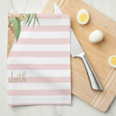 アイスクリーム、熱帯葉産果物、ピンクストライプ色 キッチンタオル (四つ折り)