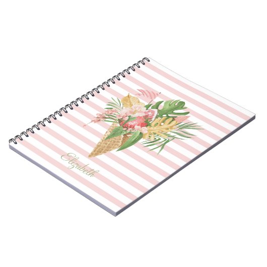 アイスクリーム、熱帯葉産果物、ピンクストライプ色 ノートブック (左側)