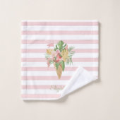 アイスクリーム、熱帯葉産果物、ピンクストライプ色 バスタオルセット (ウォッシュタオル)