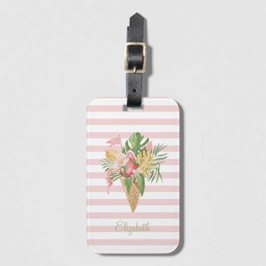 アイスクリーム、熱帯葉産果物、ピンクストライプ色 ラゲッジタグ (正面縦)