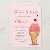 アイスクリーム 2歳の誕生日 女の子 ピンク 水彩 招待状 (正面/裏面)