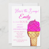 アイスクリーム 4歳の誕生日 女の子 ピンク 水彩 招待状 (正面)