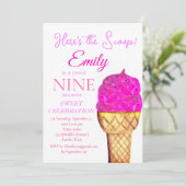 アイスクリーム 9歳 誕生日 ガール ピンク 水彩 招待状 (スタンド正面)