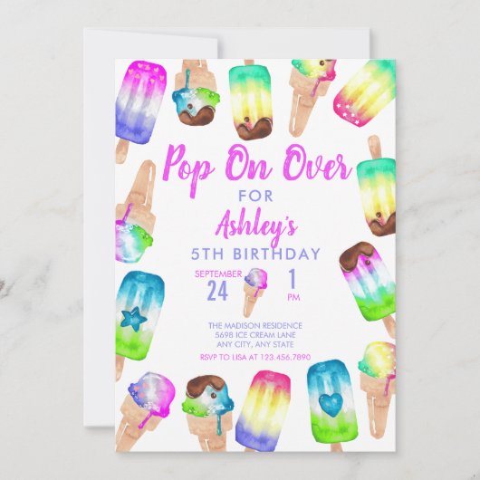 アイスクリーム | Popsicle |カラフル誕生日 招待状 (正面)