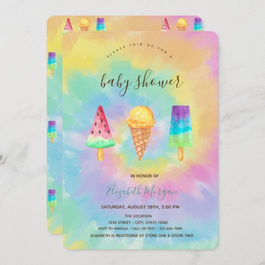 アイスクレカッコいいームサマー絞り染めベビーシャワー 招待状 (正面/裏面)