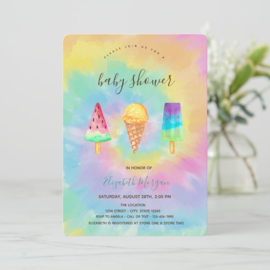 アイスクレカッコいいームサマー絞り染めベビーシャワー 招待状 (スタンド正面)