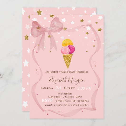 アイスクレームスターズピンクボウ赤ちゃんシャワー 招待状 (正面/裏面)