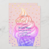アイスクールクリームコーンピンクバースデーパーティー 招待状 (正面/裏面)