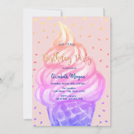 アイスクールクリームコーンピンクバースデーパーティー 招待状