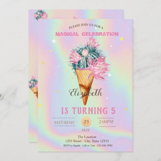 アイスクールクリームサボテンのホログラフィック誕生日 招待状 (正面/裏面)