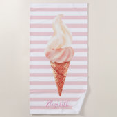 アイスクールクリームピンクストライプ色 ビーチタオル (正面)