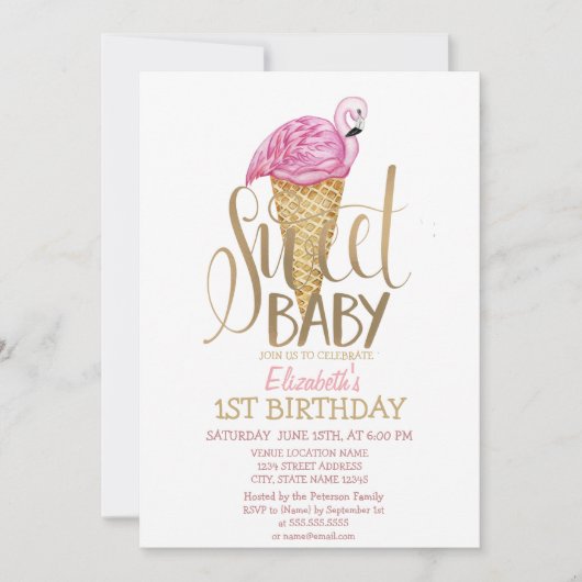アイスクールクリームピンクフラミンゴストライプの誕生日 招待状 (正面)