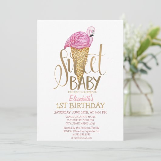 アイスクールクリームピンクフラミンゴストライプの誕生日 招待状 (スタンド正面)