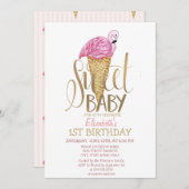 アイスクールクリームピンクフラミンゴストライプの誕生日 招待状 (正面/裏面)