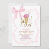 アイスクールクリームピンクフラミンゴボウストライプの誕生日 招待状 (正面)