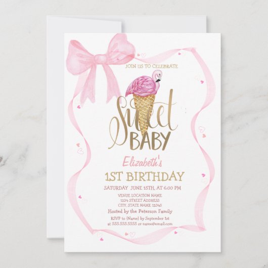 アイスクールクリームピンクフラミンゴボウストライプの誕生日 招待状 (正面)