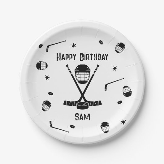 アイスクールホッケーブラック&ホワイト誕生日パーティー ペーパープレート (正面)