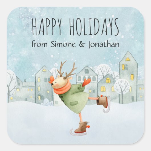 アイスケーティングウッドランドディアクリスマスホリデー スクエアシール (正面)