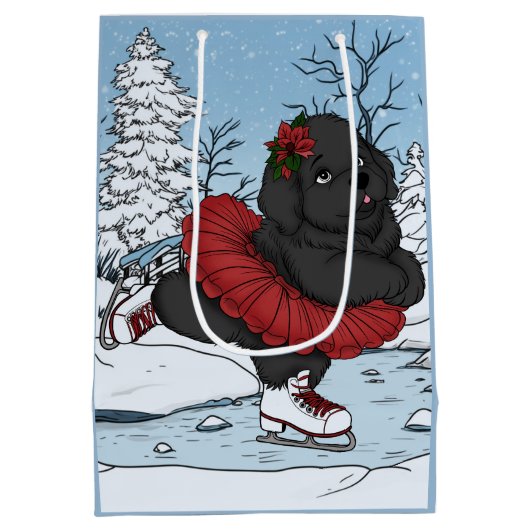 アイスケーティングニューファンドランド子犬の冬ワンダーランド ミディアムペーパーバッグ (裏面)