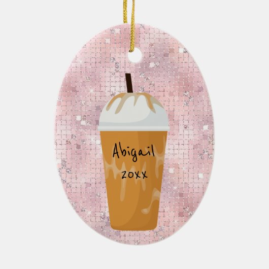 アイスコーヒパーソナライズされたーきらきら光るホリデークリスマス セラミックオーナメント (裏面)