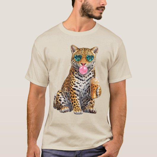 アイスコーヒーとハートサングラスと風船ガムのヒョウ Tシャツ (正面)