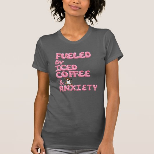 「アイスコーヒーと不安に駆られて」面白いTシャツ Tシャツ (正面)