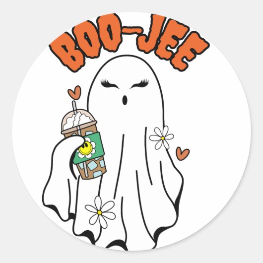 アイスコーヒーを手にしたブージーハロウィーン幽霊 ラウンドシール (正面)