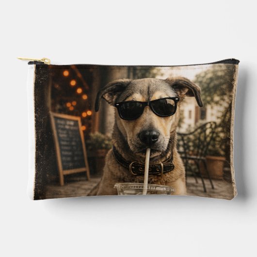 アイスコーヒーを飲むかっこいい犬 アクセサリーポーチ (正面)