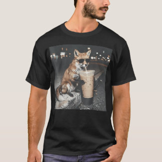 アイスコーヒーを飲むキツネの面白い動物 Tシャツ