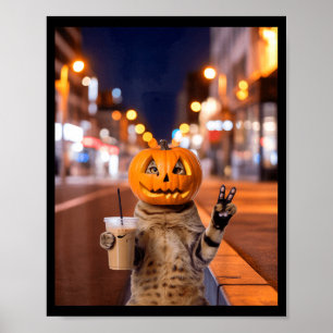 アイスコーヒーを飲む野生のハロウィン猫 ポスター