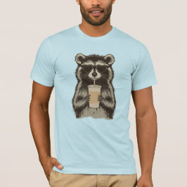 アイスコーヒーを飲む面白いアライグマ Tシャツ