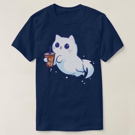 アイスコーヒー付きかわいい幽霊猫 Tシャツ (デザイン正面)