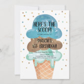 アイスコーンのコンフェッティボーイ ファーストバースデー 招待状 (正面)