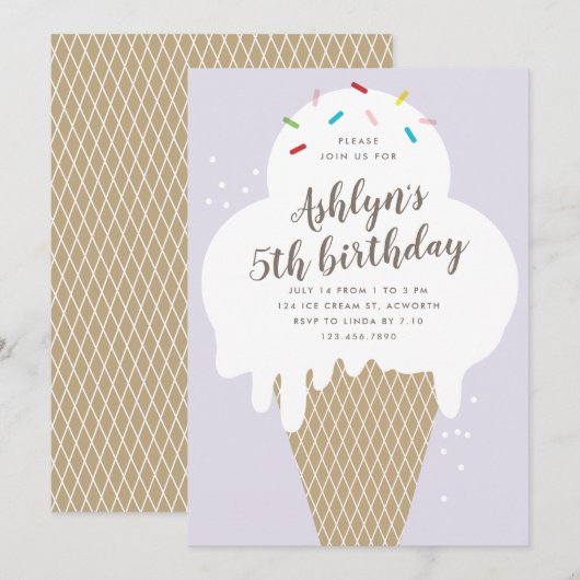 アイスコーンの子供たち 紫の誕生日パーティー 招待状 (正面/裏面)