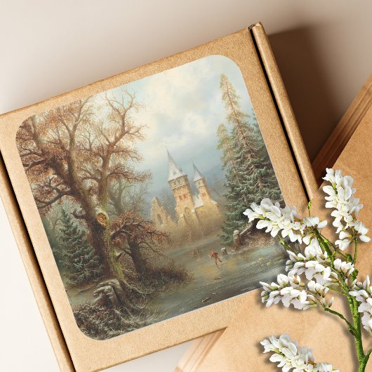 アイススケーターとロマンチックな冬の風景 スクエアシール