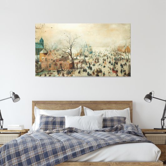 アイススケーターと冬の風景、ヘンドリック・アベルカ キャンバスプリント (インサイチュ (寝室))