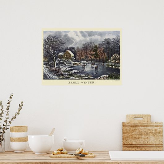 アイススケーター付き初冬のヴィンテージクリスマス ポスター (キッチン)