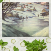 アイススケーター凍ってい付きの湖ヴィンテージクリスマス キッチンタオル (折り畳み)