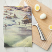 アイススケーター凍ってい付きの湖ヴィンテージクリスマス キッチンタオル (四つ折り)