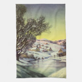 アイススケーター凍ってい付きの湖ヴィンテージクリスマス キッチンタオル (縦)