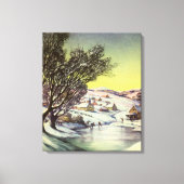 アイススケーター凍ってい付きの湖ヴィンテージクリスマス キャンバスプリント (正面)