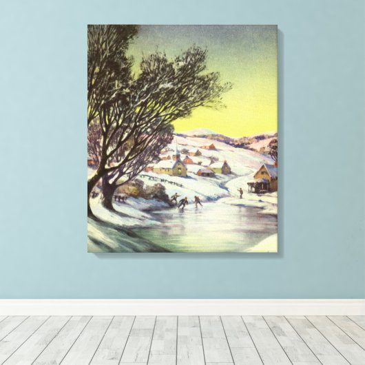 アイススケーター凍ってい付きの湖ヴィンテージクリスマス キャンバスプリント (インサイチュ (ウッドフロア))