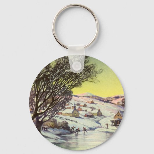 アイススケーター凍ってい付きの湖ヴィンテージクリスマス キーホルダー (正面)