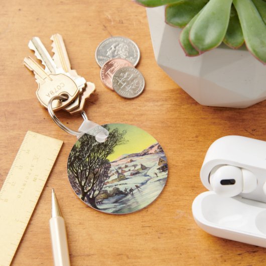 アイススケーター凍ってい付きの湖ヴィンテージクリスマス キーホルダー (デスク)