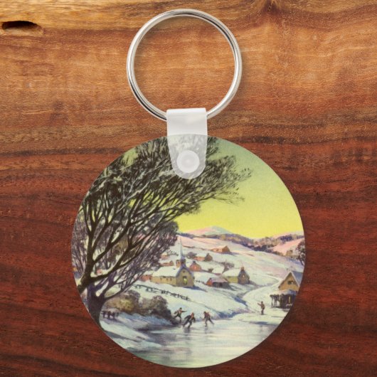 アイススケーター凍ってい付きの湖ヴィンテージクリスマス キーホルダー (正面)