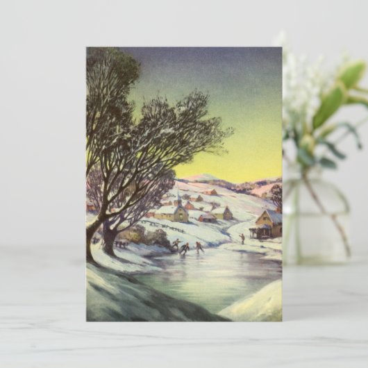 アイススケーター凍ってい付きの湖ヴィンテージクリスマス シーズンカード (スタンド正面)