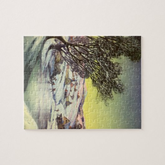 アイススケーター凍ってい付きの湖ヴィンテージクリスマス ジグソーパズル (横)