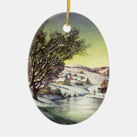 アイススケーター凍ってい付きの湖ヴィンテージクリスマス セラミックオーナメント (正面)