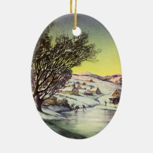 アイススケーター凍ってい付きの湖ヴィンテージクリスマス セラミックオーナメント (裏面)