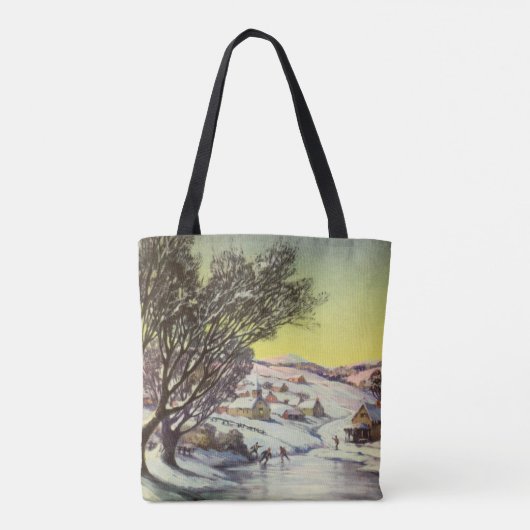 アイススケーター凍ってい付きの湖ヴィンテージクリスマス トートバッグ (裏面)